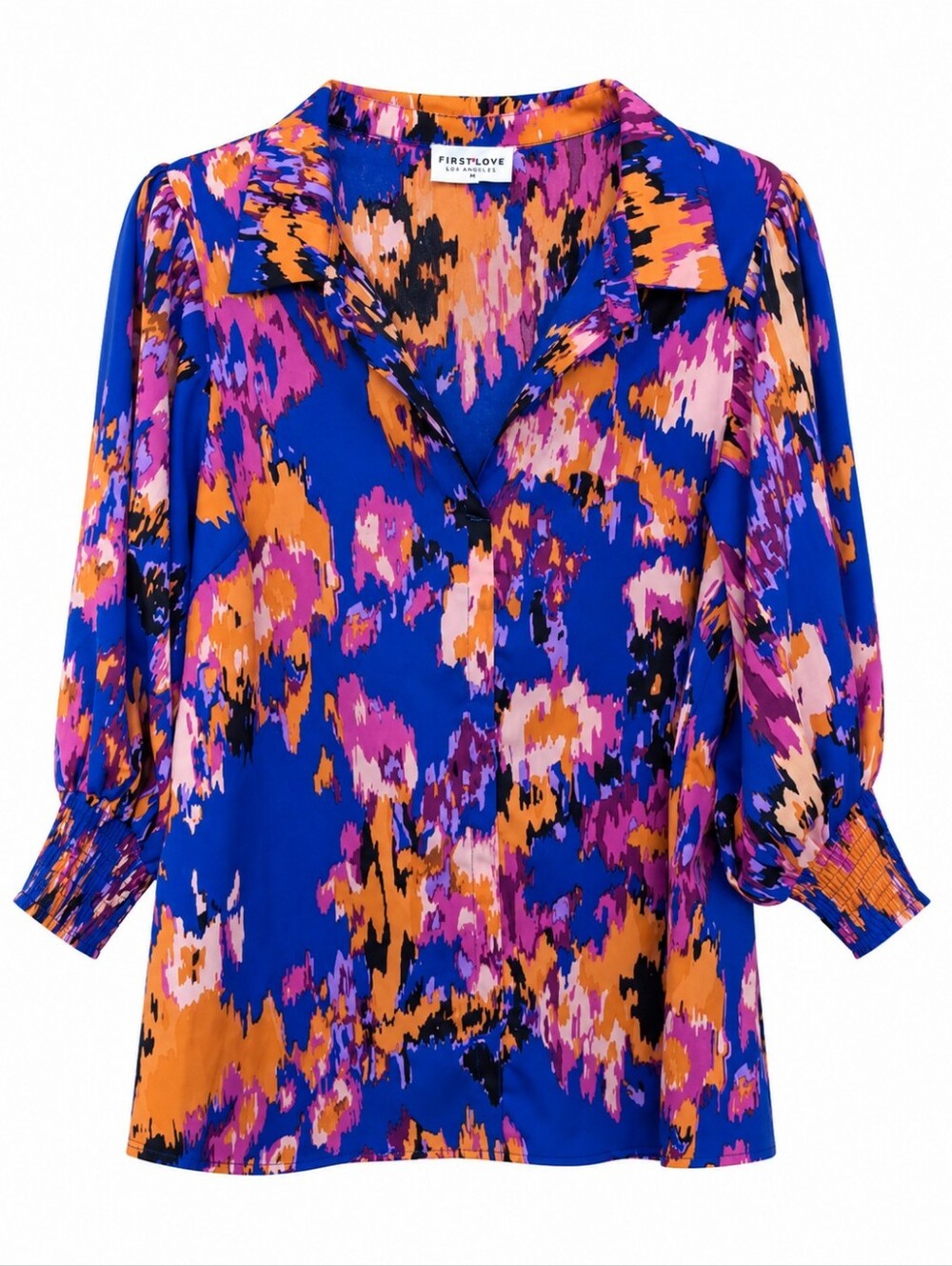 FIRST LOVE Abstract Print Blouse M | Bold Cobalt Pink Orange Statement Top